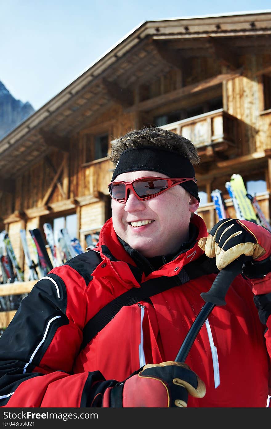 Cheerful men in ski resort