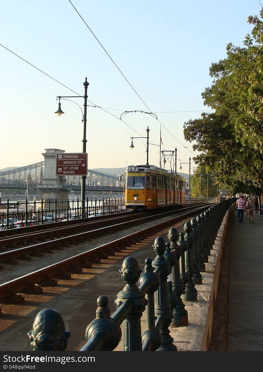 The tram 2 traveling by the Danube in Budapest