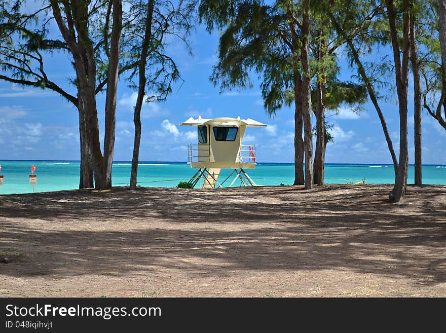 Baywatch tower on a hawaian beach of Oahu, United States of America. The tower is in a park with long trees. Baywatch tower on a hawaian beach of Oahu, United States of America. The tower is in a park with long trees