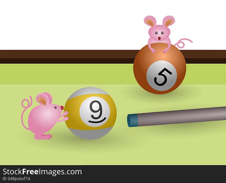 Cute cartoon illustration of two mouse on a billiard table. Cute cartoon illustration of two mouse on a billiard table