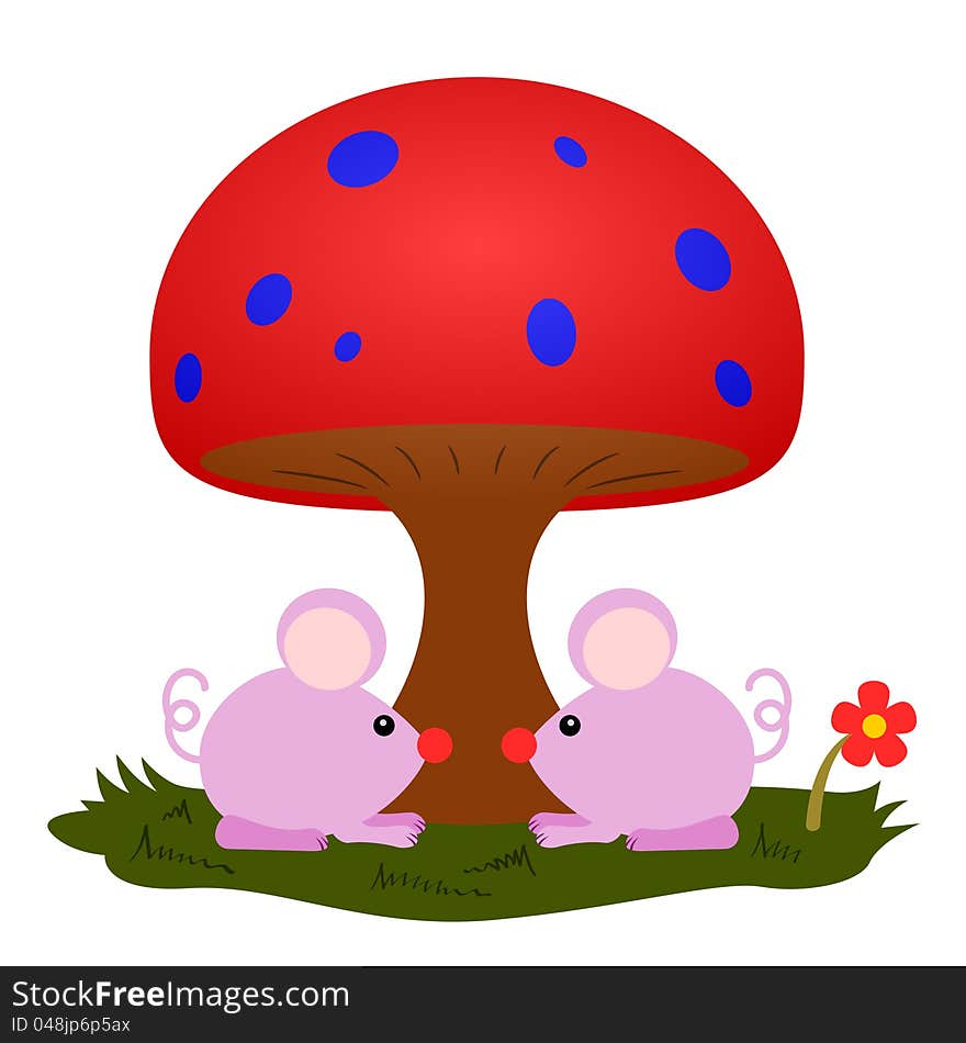 Two cute cartoon mouse under a mushroom. Two cute cartoon mouse under a mushroom