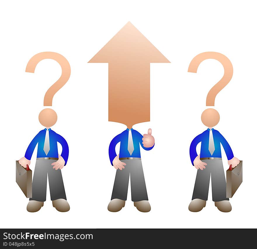 Illustration of three business man with heads of question marks and arrow. Illustration of three business man with heads of question marks and arrow