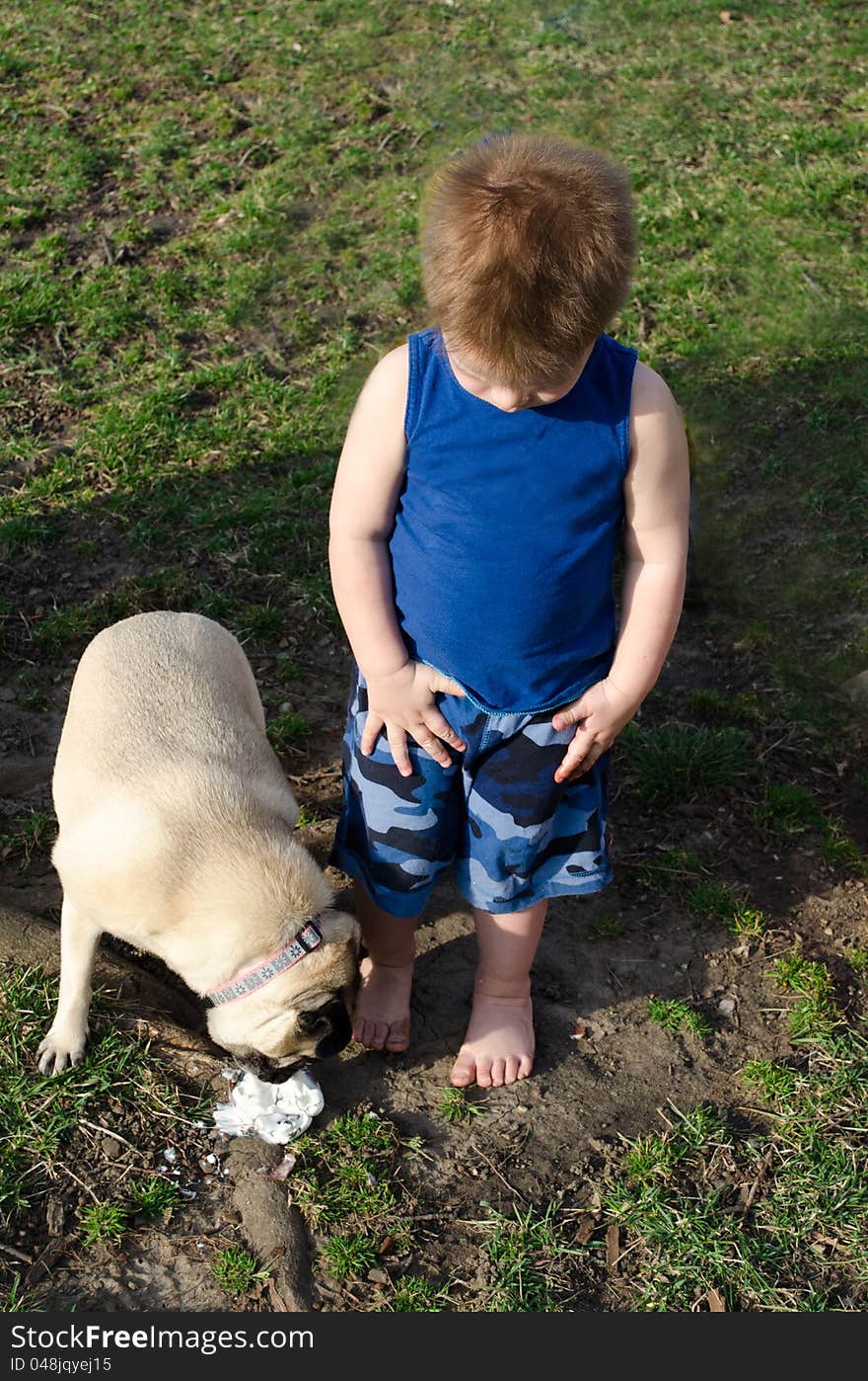 Little boy looks down at his feet at a mess of ice cream his dog is happily eating up. Little boy looks down at his feet at a mess of ice cream his dog is happily eating up