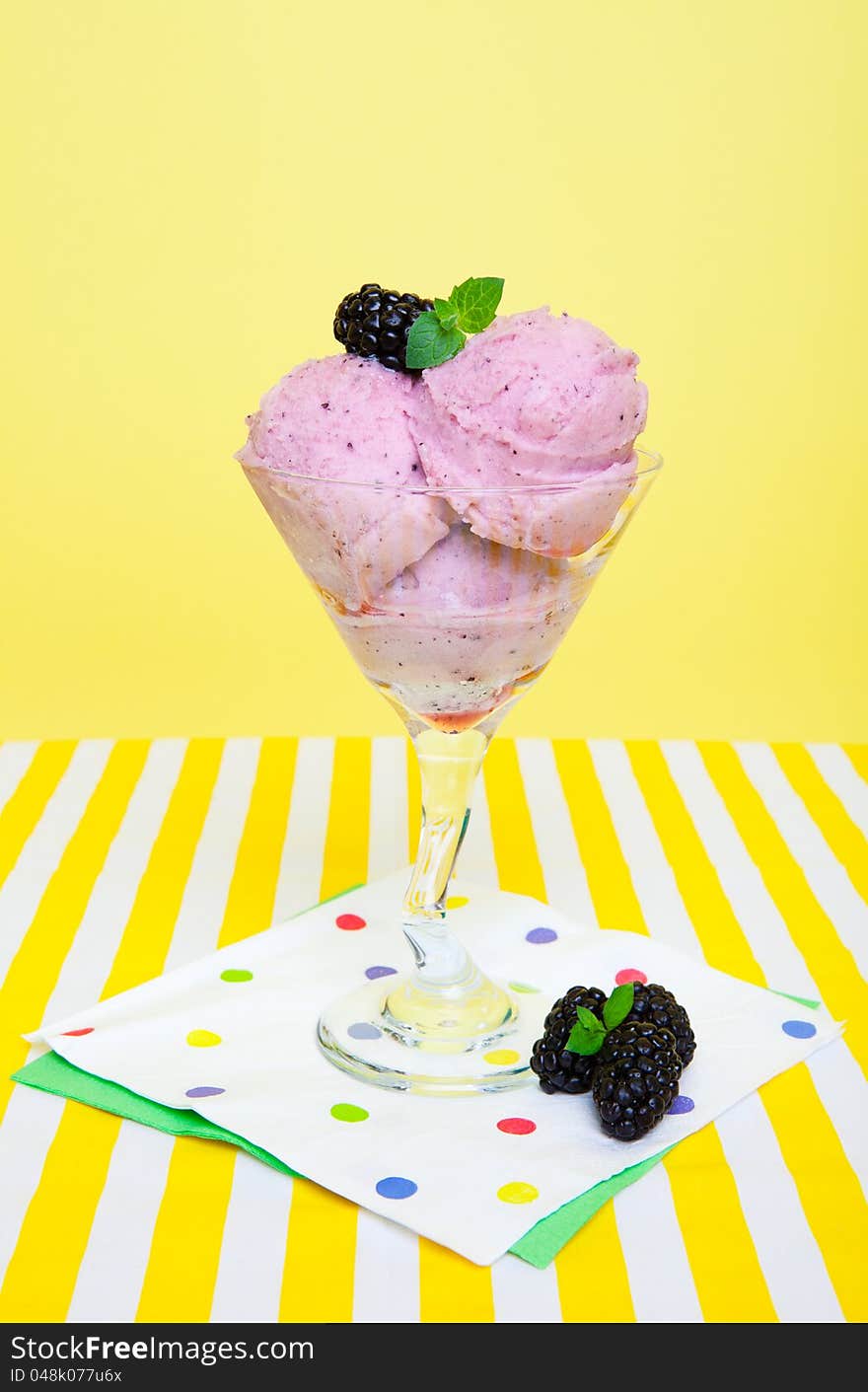 Tangy saskatoon berry sorbet garnished with a blackberry and a sprig of mint.