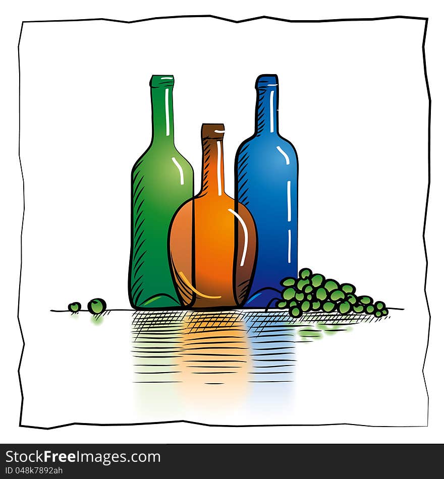 A hand-drawn sketch of three multicolored bottles and green grapes next to it. A hand-drawn sketch of three multicolored bottles and green grapes next to it