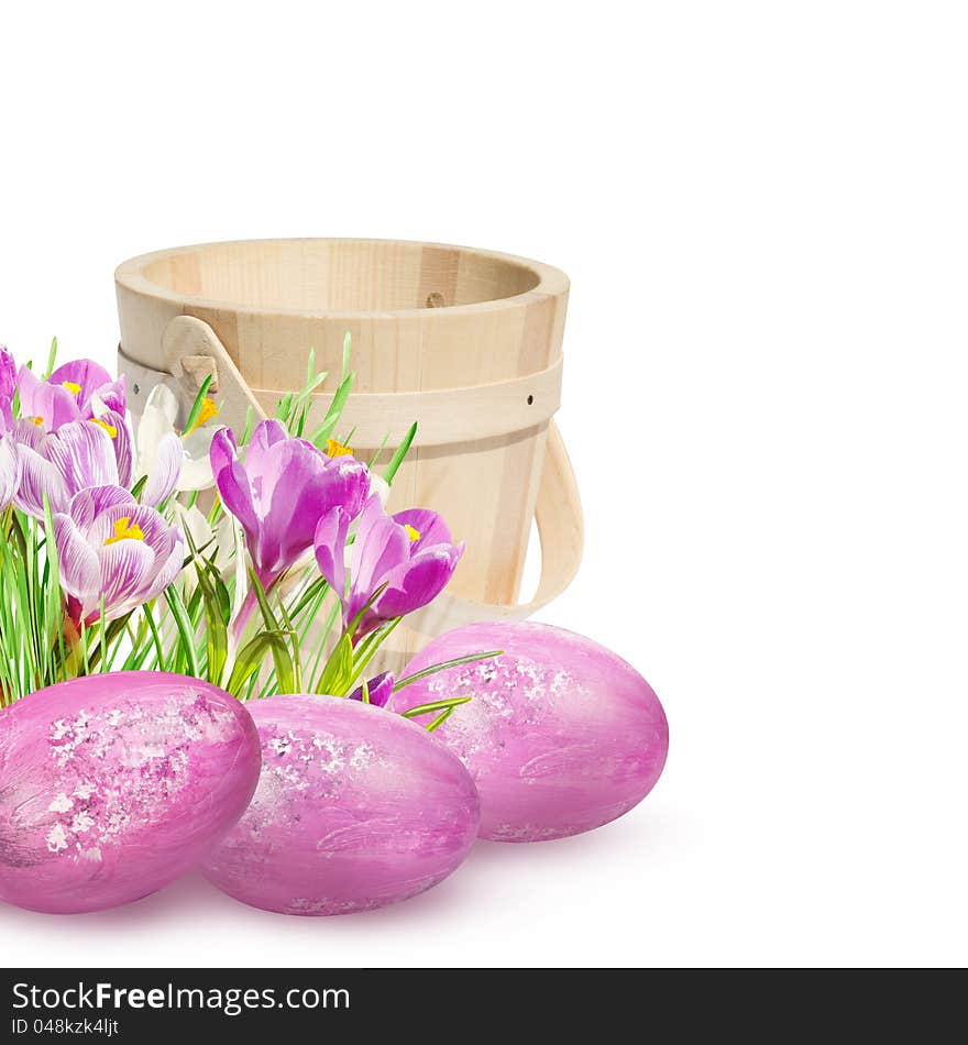 Easter eggs and crocuses isolated on white background. Easter decoration. Easter eggs and crocuses isolated on white background. Easter decoration.