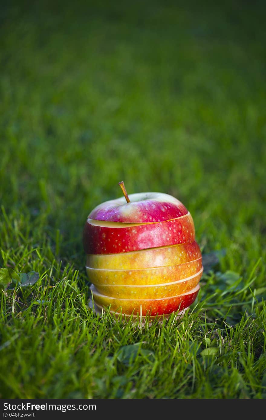 Group of sliced fresh apples. Outdoor photo. Group of sliced fresh apples. Outdoor photo