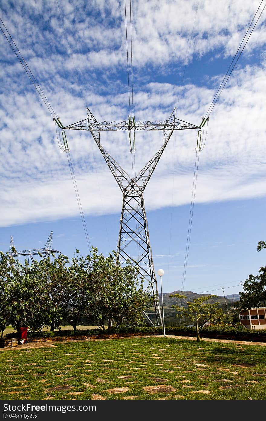 High voltage electric power transmission tower with cables. High voltage electric power transmission tower with cables