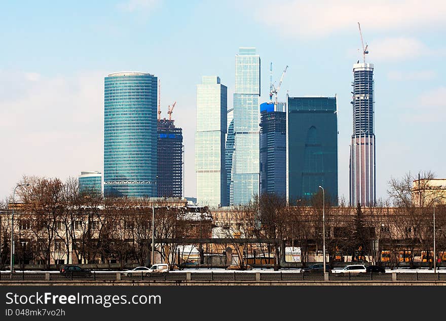 Moscow city urban view. construction of high building, scraper, skyscraper. building of business center. Buildings from glass and concrete. Old Moscow buildings on near. Moscow city urban view. construction of high building, scraper, skyscraper. building of business center. Buildings from glass and concrete. Old Moscow buildings on near.