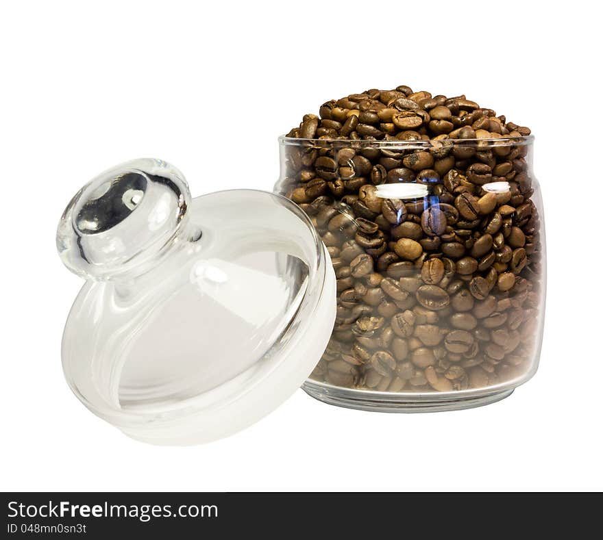 Coffee in a glass jar on a white background. Coffee in a glass jar on a white background