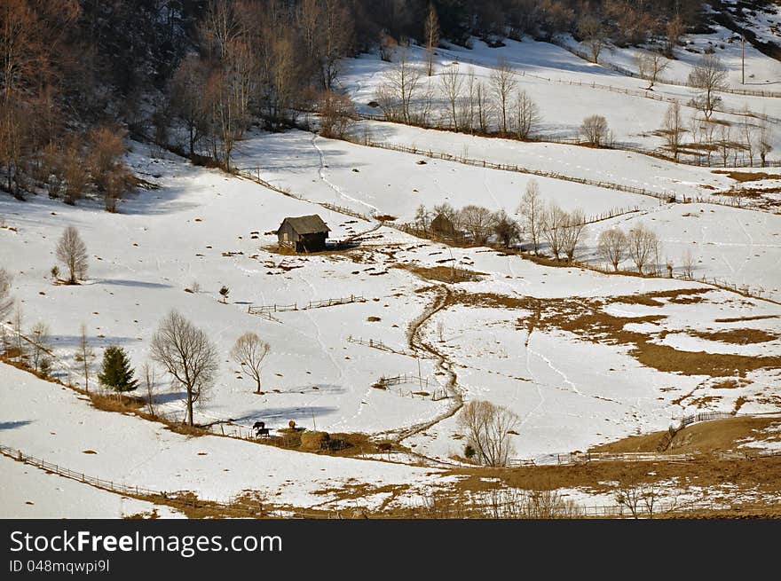 Snowy village chalet