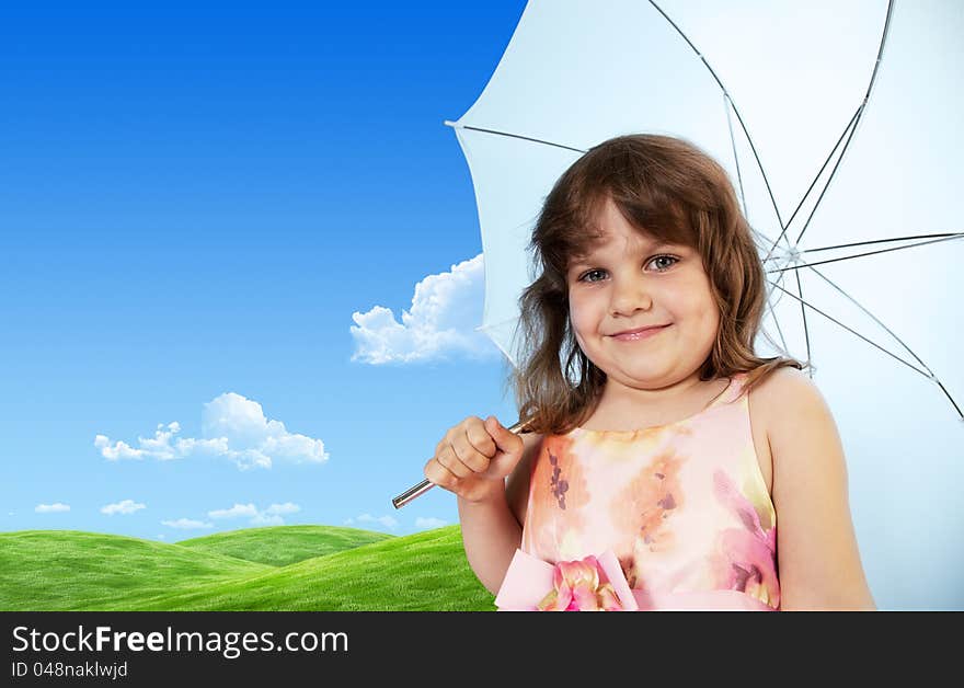 Baby Girl With Umbrella On Green Meadow