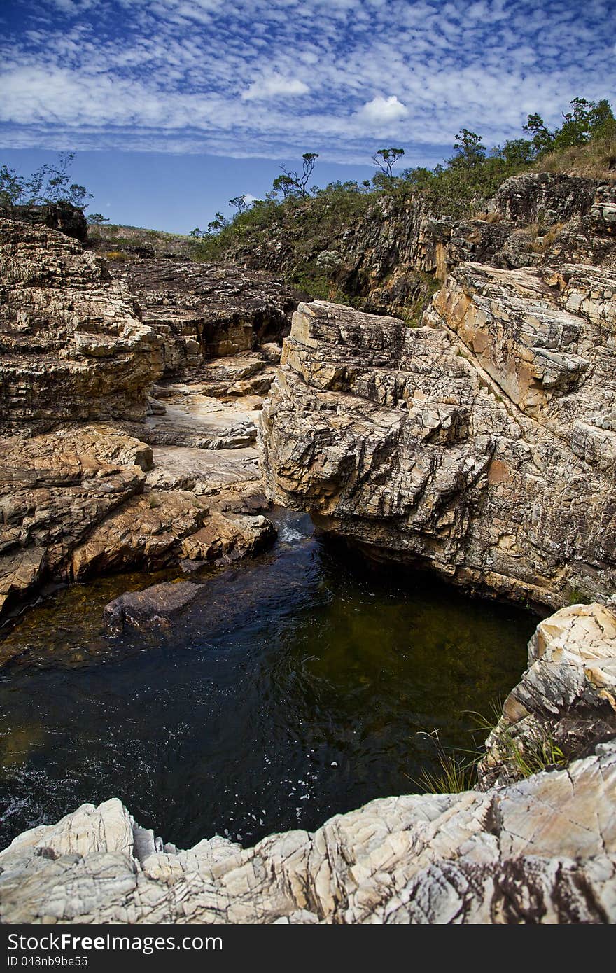 Small lake under rocks