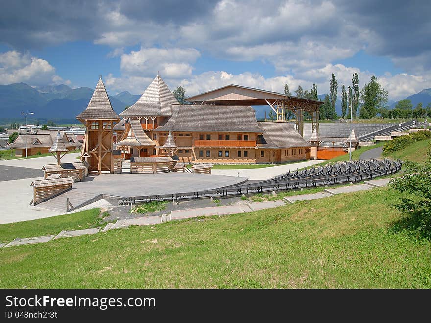 Open-air folk theatre with lovely wooden folk museum, Slovakia.