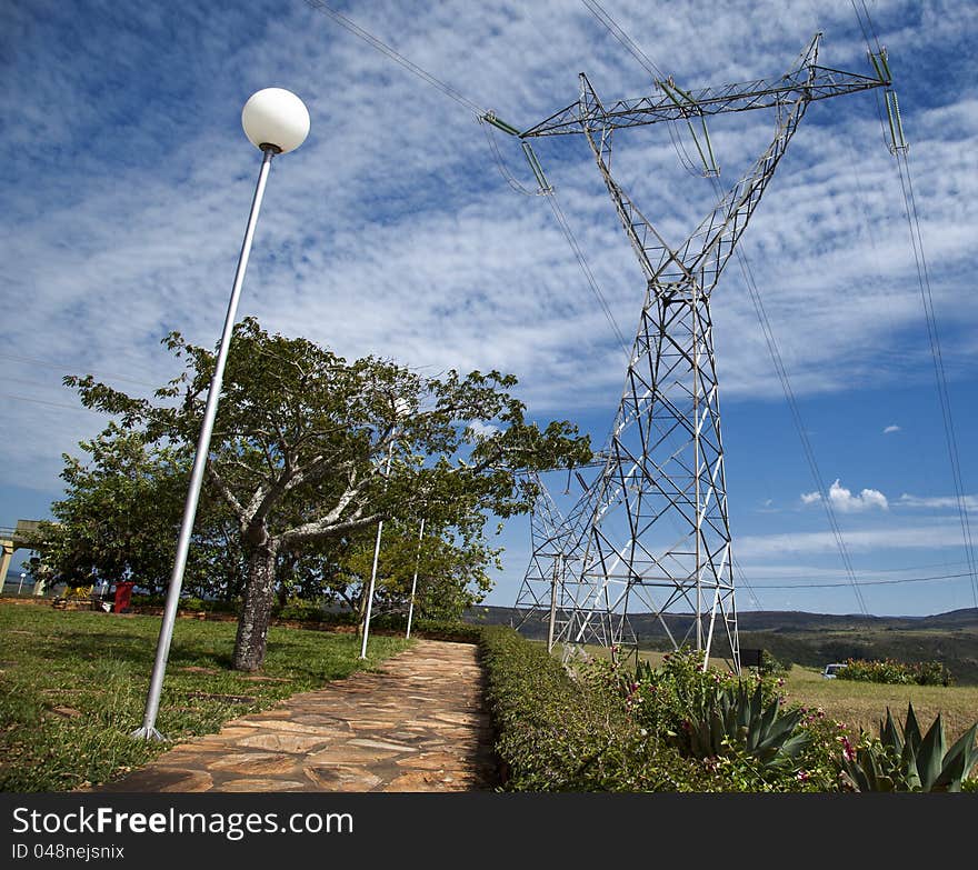 High voltage electric power transmission tower with cables. High voltage electric power transmission tower with cables