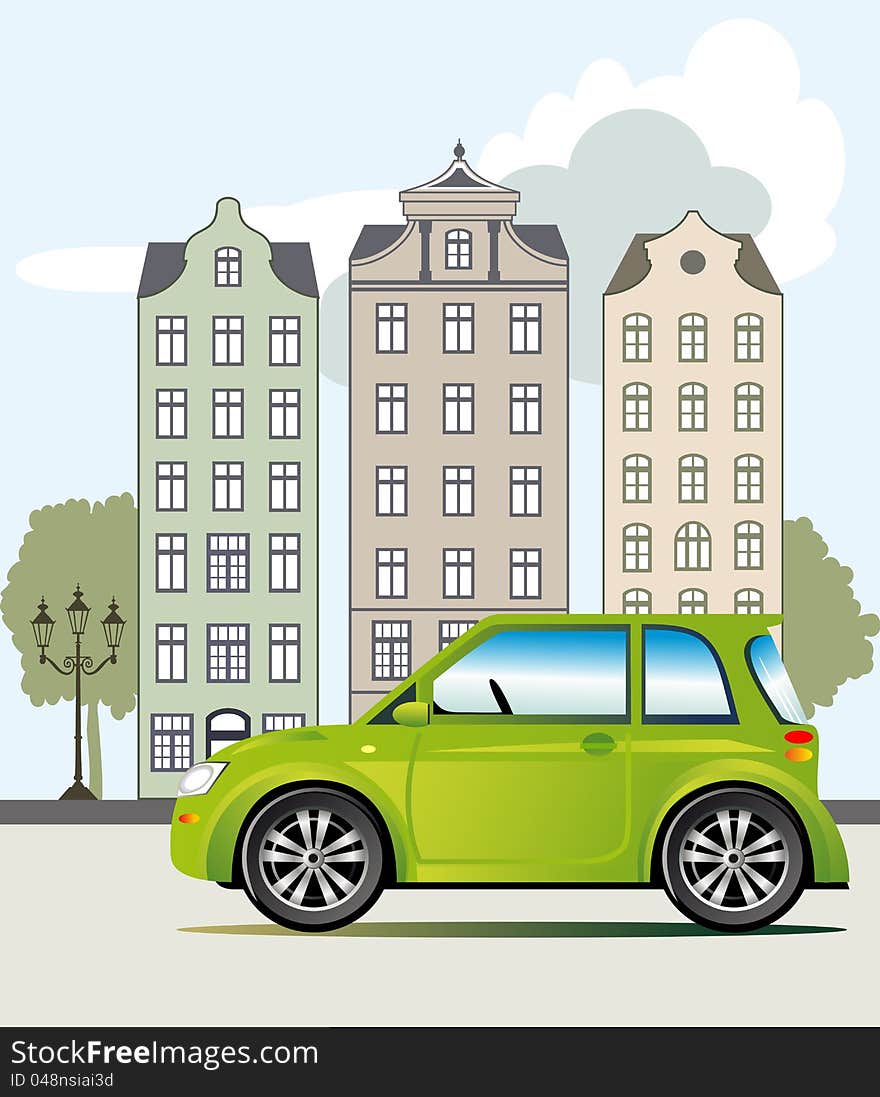 Ecological friendly green car parked on the street, vector illustration included Eps v8 and 300 dpi JPG. Ecological friendly green car parked on the street, vector illustration included Eps v8 and 300 dpi JPG