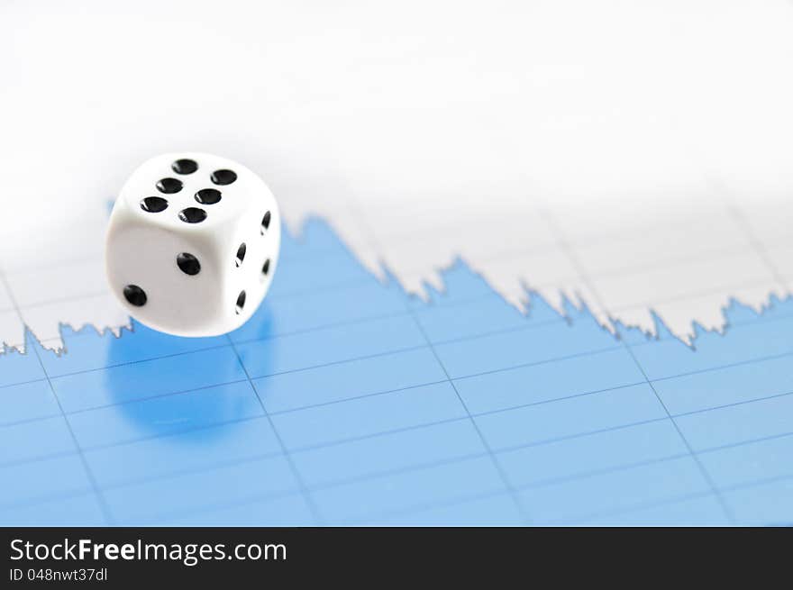 White Dice On Digital Screen With Financial Chart