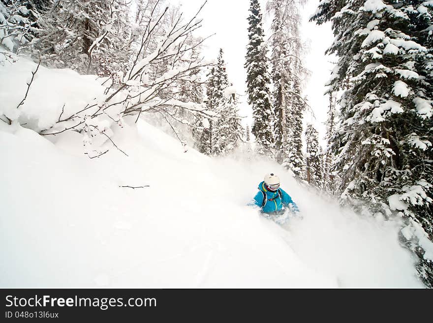 Lady freeride in the forest in Siberia. Lady freeride in the forest in Siberia