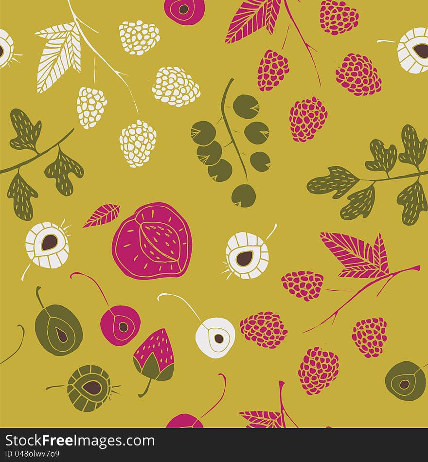 Illustration of berries, leaves, twigs, against a brown background. Illustration of berries, leaves, twigs, against a brown background