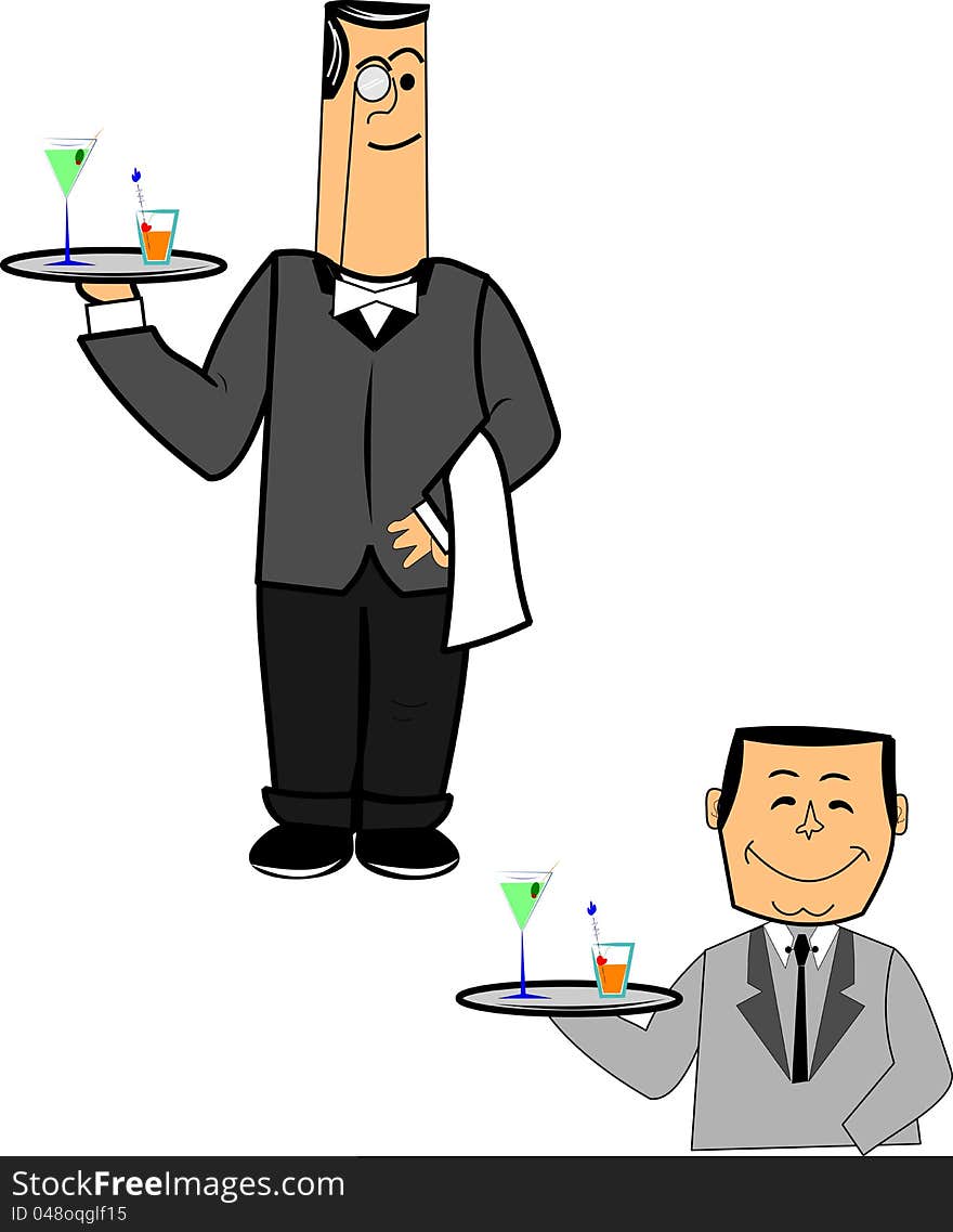 Two classy waiters over white vector holding a tray of drinks