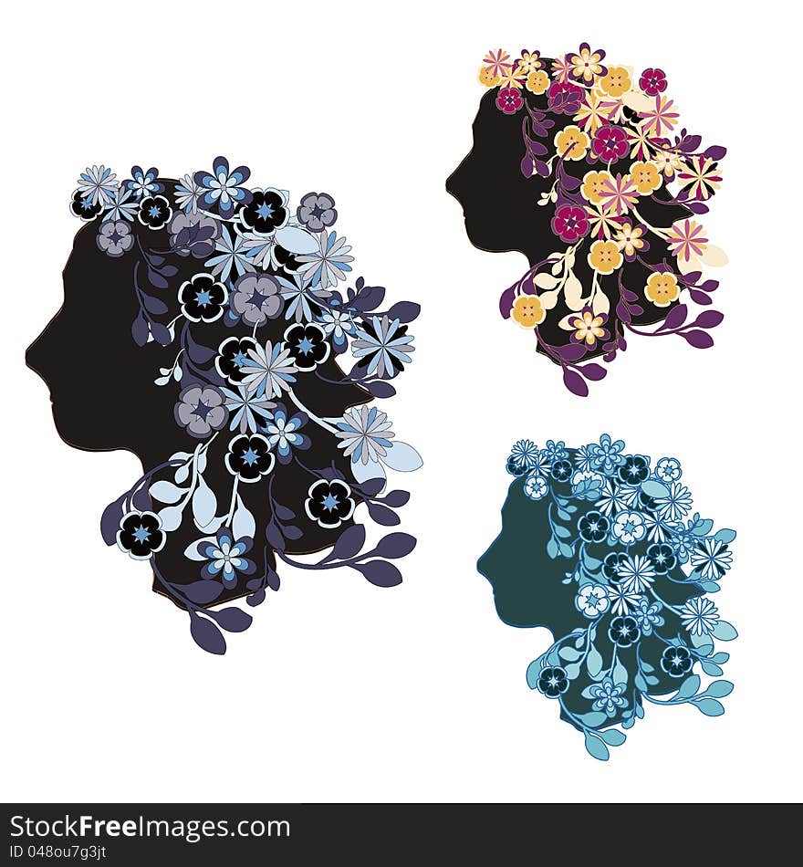 Retro decorative women profiles with flowers. Retro decorative women profiles with flowers