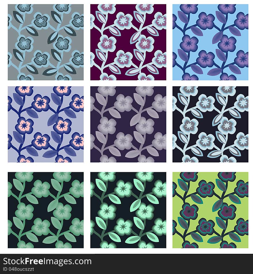 Pack of 9 variants seamless floral stems patterns. Pack of 9 variants seamless floral stems patterns