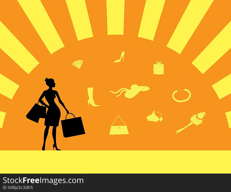 Silhouette of girl in shopping with goods around her.