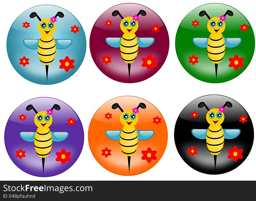 Six buttons in different colors with bee. Six buttons in different colors with bee