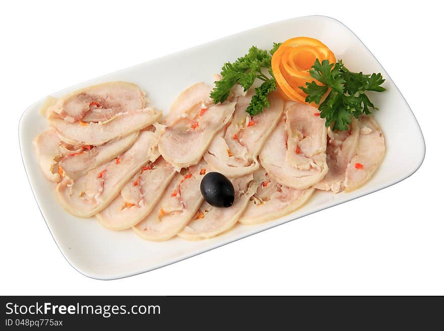 Slices of meatloaf on white rectangular plate isolated on a white background. Slices of meatloaf on white rectangular plate isolated on a white background