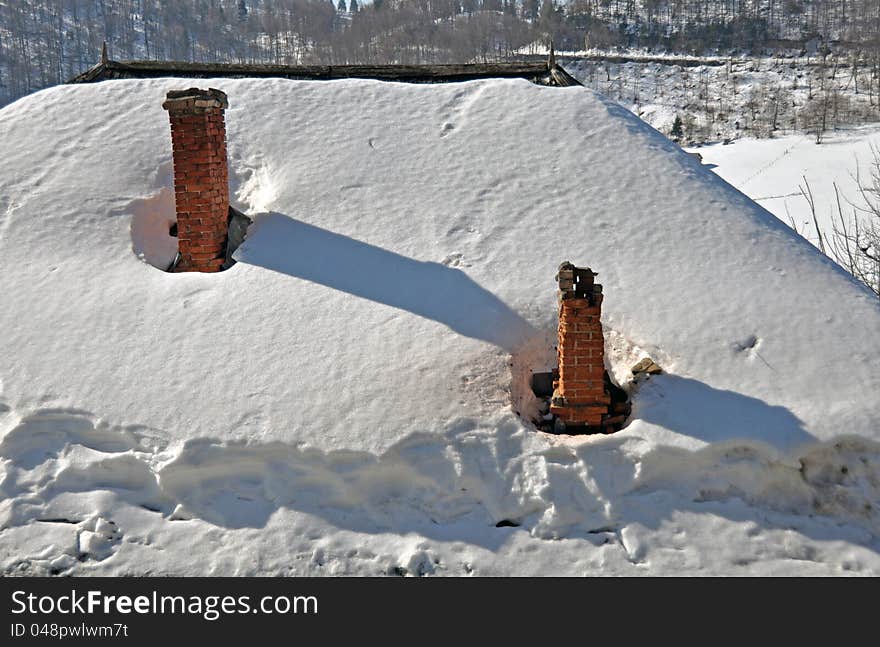 House forest snow and chimney. House forest snow and chimney