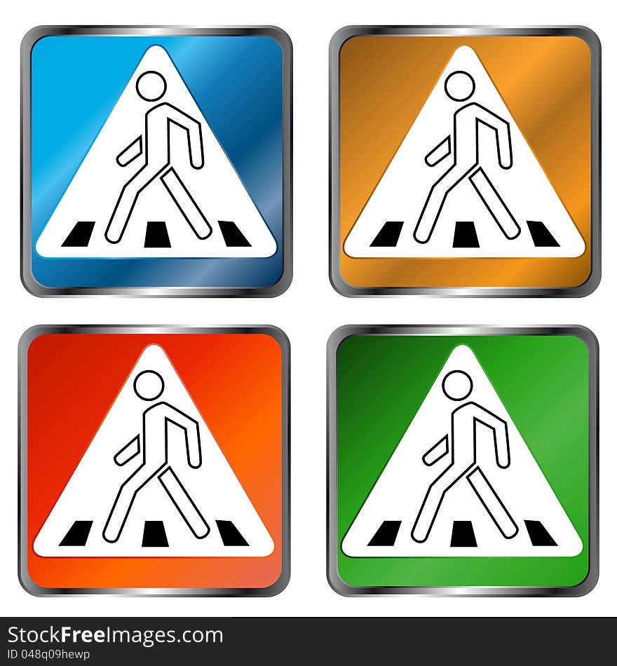 Four signs on a pedestrian crossing on a white background. Four signs on a pedestrian crossing on a white background