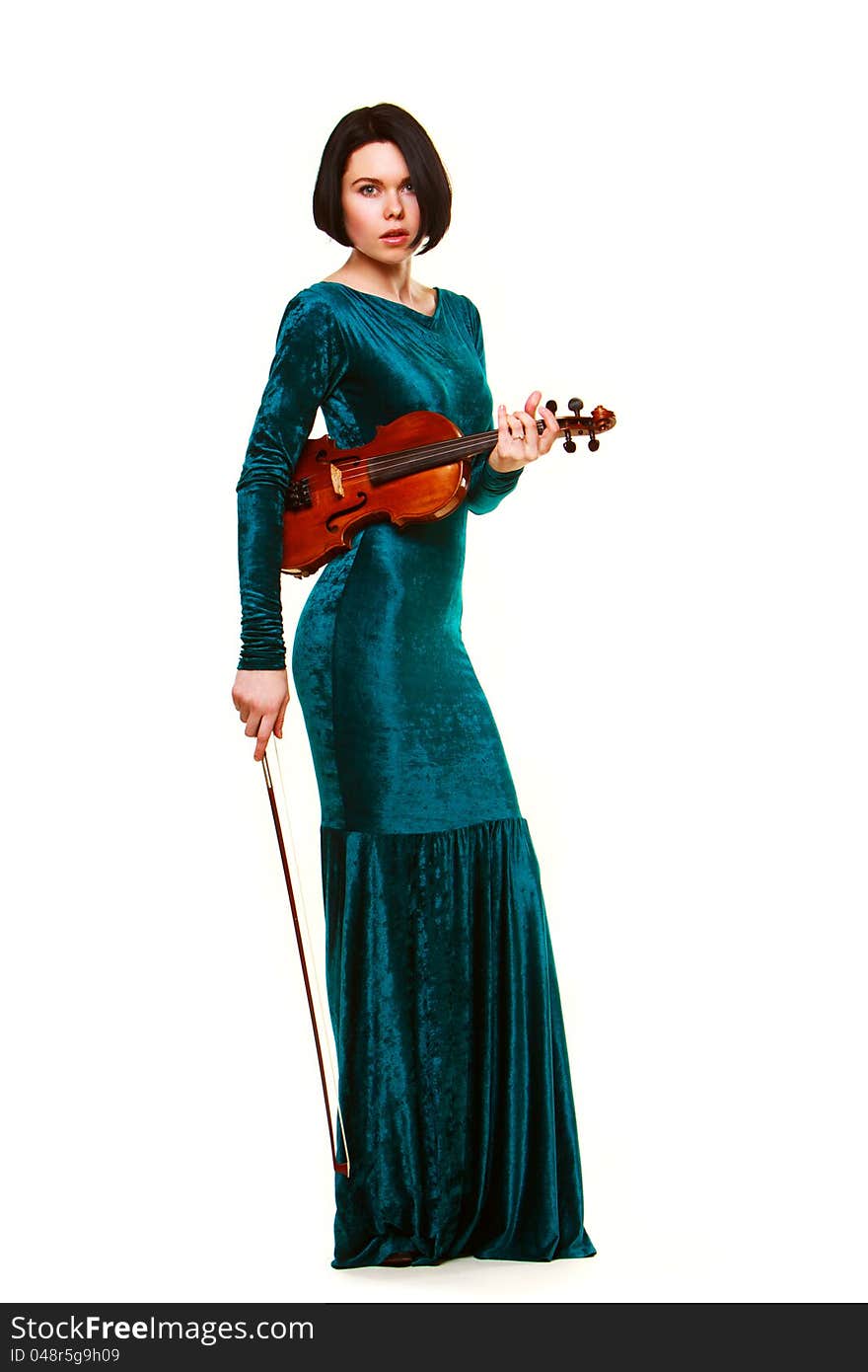 Girl with violin on white