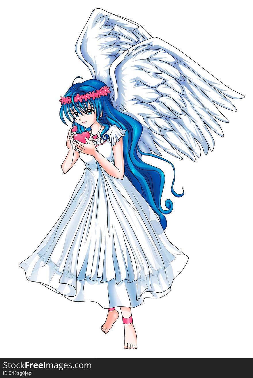 Cartoon illustration of a beautiful angel holding a heart symbol. Cartoon illustration of a beautiful angel holding a heart symbol