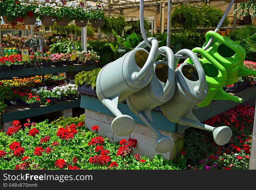 Garden watering cans against a backdrop od annual and perennials plants in  the gardening section of a home imnprovement
center. Garden watering cans against a backdrop od annual and perennials plants in  the gardening section of a home imnprovement
center