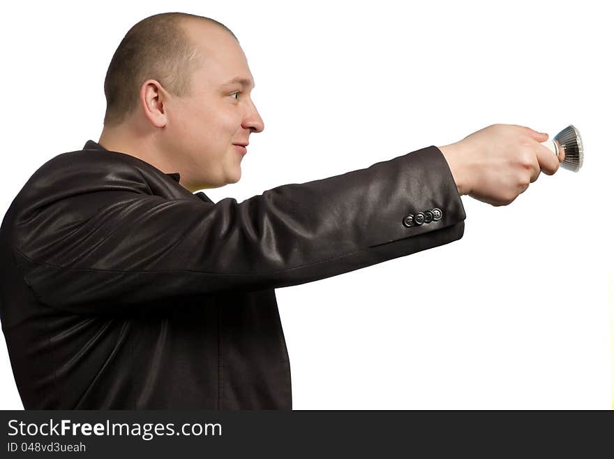 The man holds a light-emitting diode lamp in the stretched hand. It is isolated on a white background. The man holds a light-emitting diode lamp in the stretched hand. It is isolated on a white background