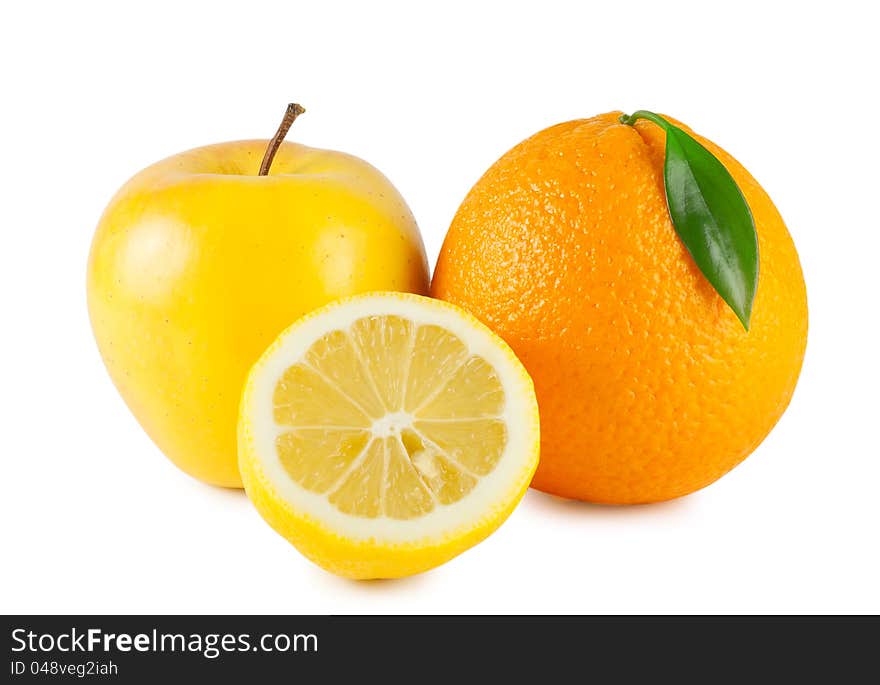 Orange, apple and half a lemon isolated on white background