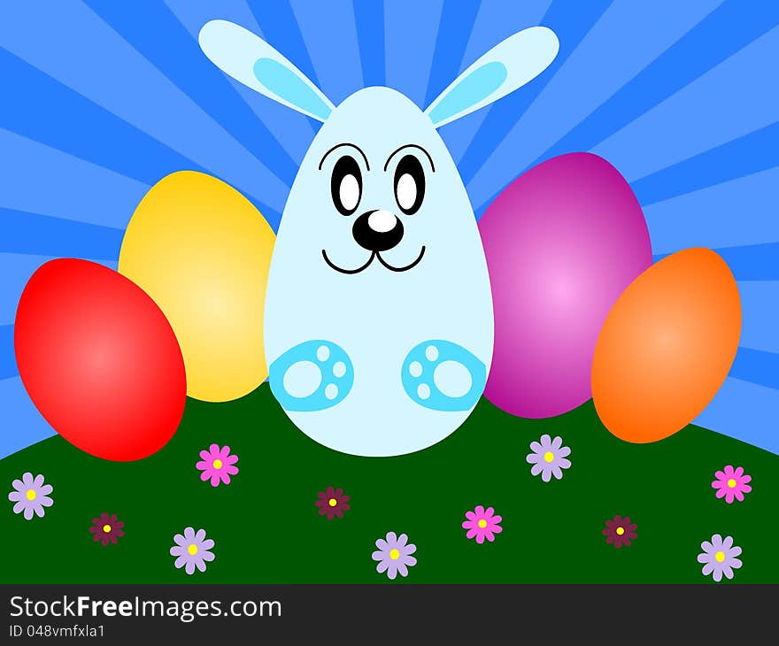 Easter or spring background with bunny, eggs, and many flowers. Easter or spring background with bunny, eggs, and many flowers.