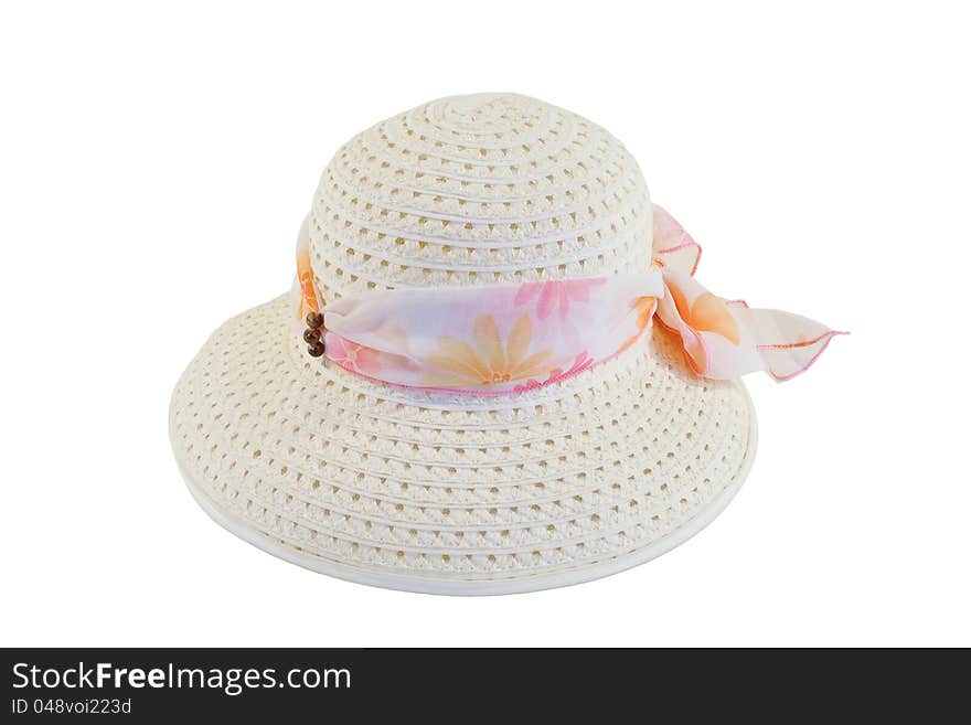 Women's Straw hat with bow on white background. Women's Straw hat with bow on white background