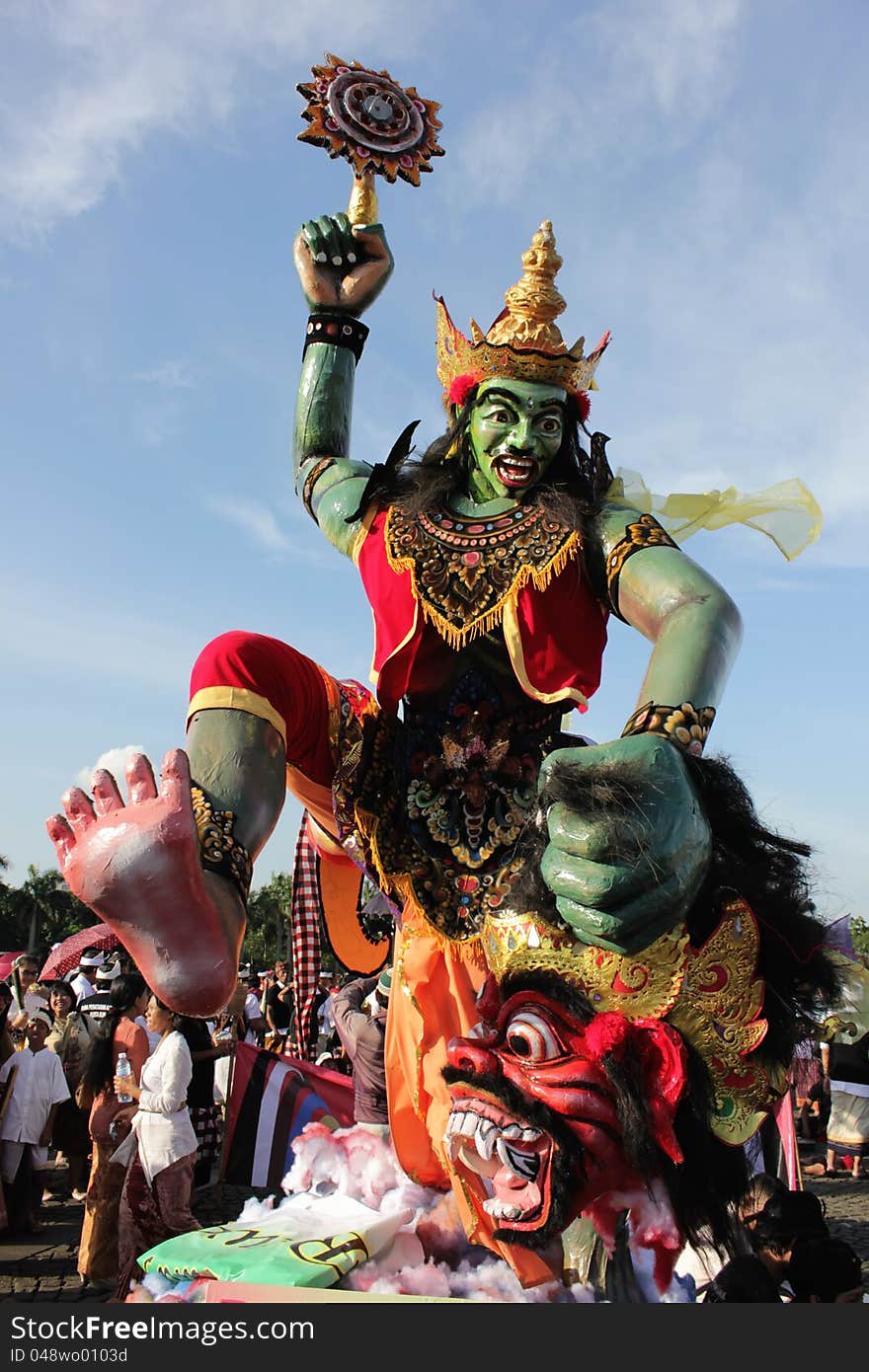 a statue of ogoh-ogoh who are following the ogoh-ogoh parade in Jakarta, the event was held the day before Nyepi. Ogoh-ogoh are statues built for the Ngrupuk parade. Ogoh-ogoh normally have form of mythological beings, mostly demons. As with many creative endeavours based on Balinese Hinduism, the creation of Ogoh-ogoh represents spiritual aims inspired by Hindu philosophy.