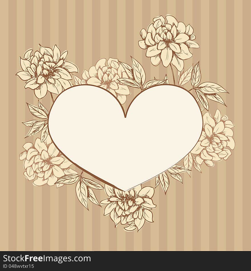 Romantic heart shape with flowers on striped background. Romantic heart shape with flowers on striped background