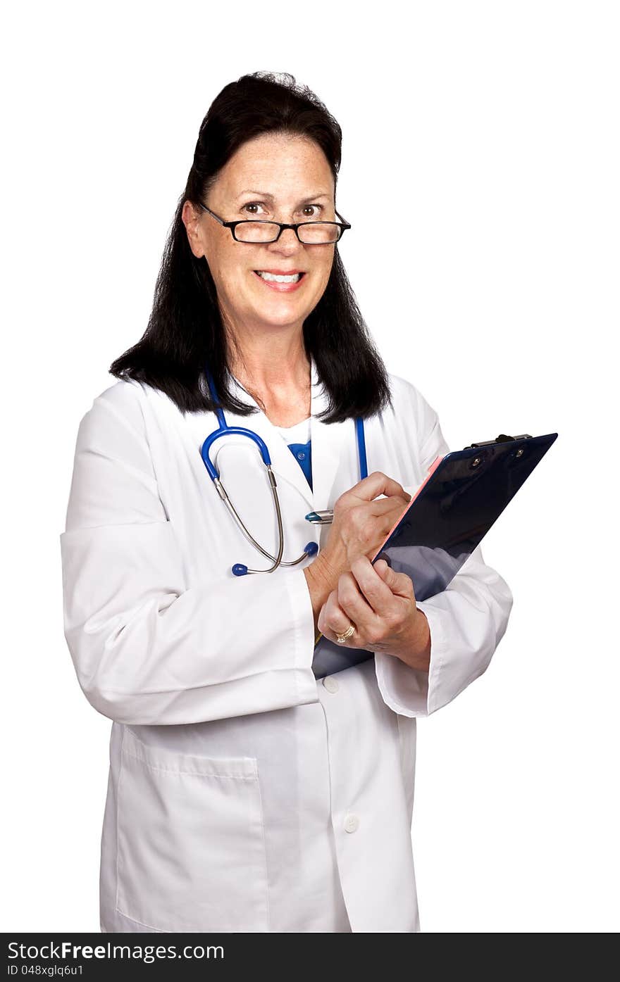 Female Mature Doctor Smiling Holding Clipboard