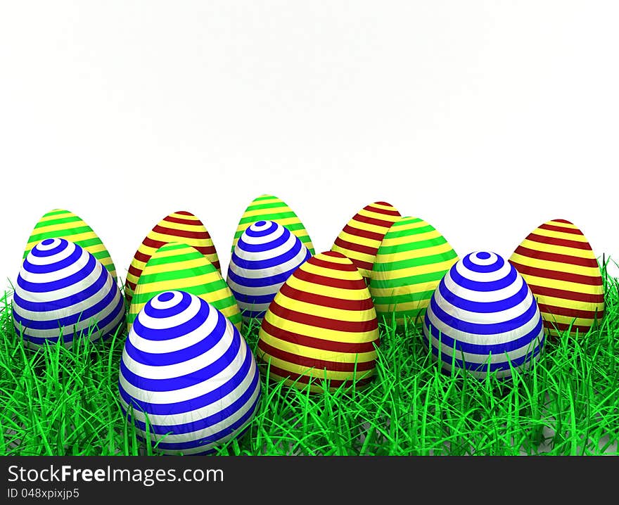 Easter eggs are on the lush grass, the attribute of the holiday, the style of traditional