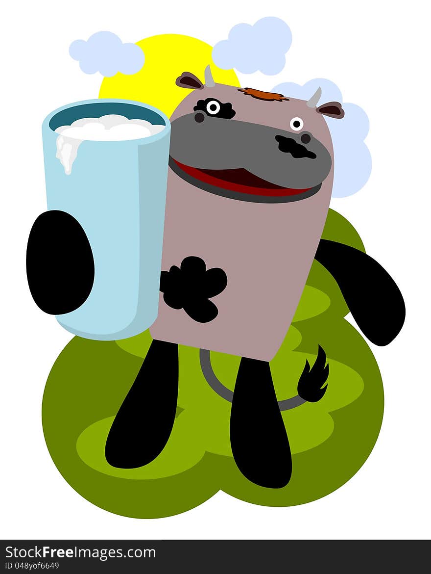 A cartoon cow shows and offers milk. A cartoon cow shows and offers milk