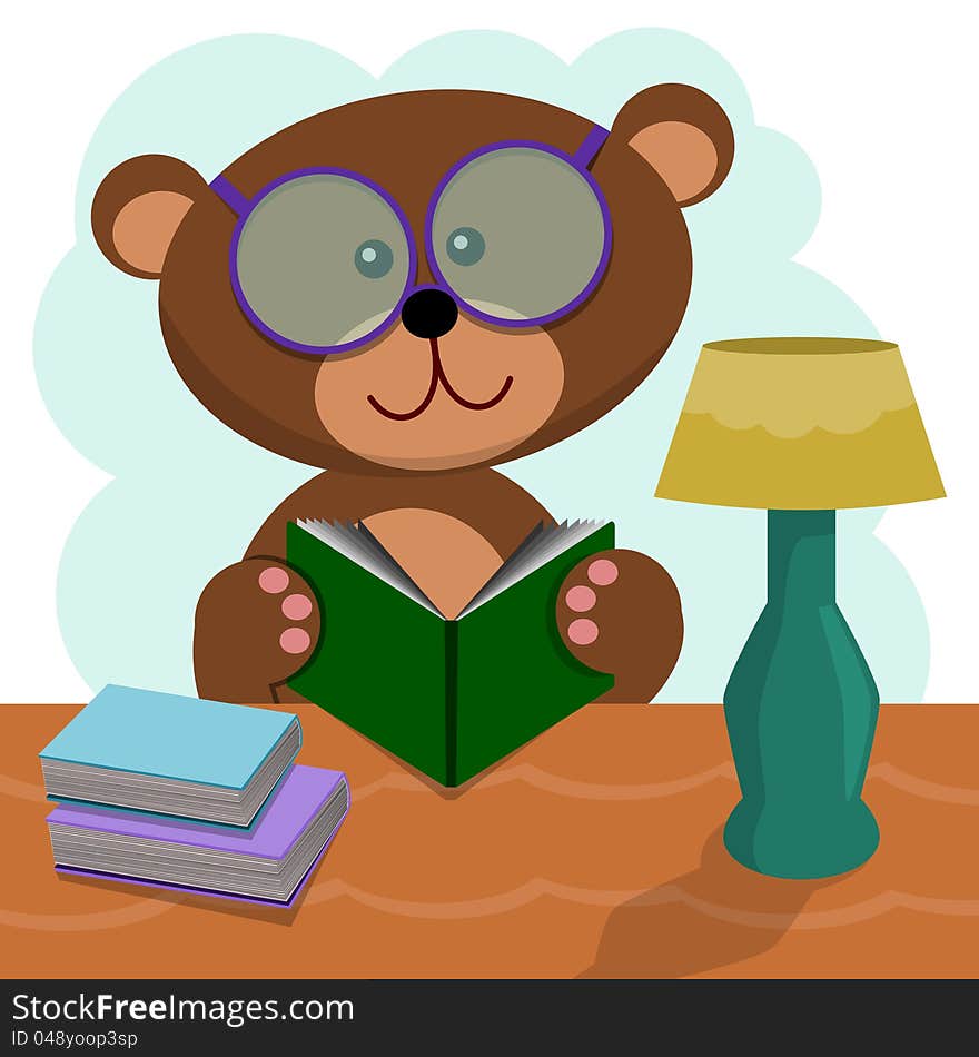 Cute cartoon bear reading a book on a table with a lamp. Cute cartoon bear reading a book on a table with a lamp