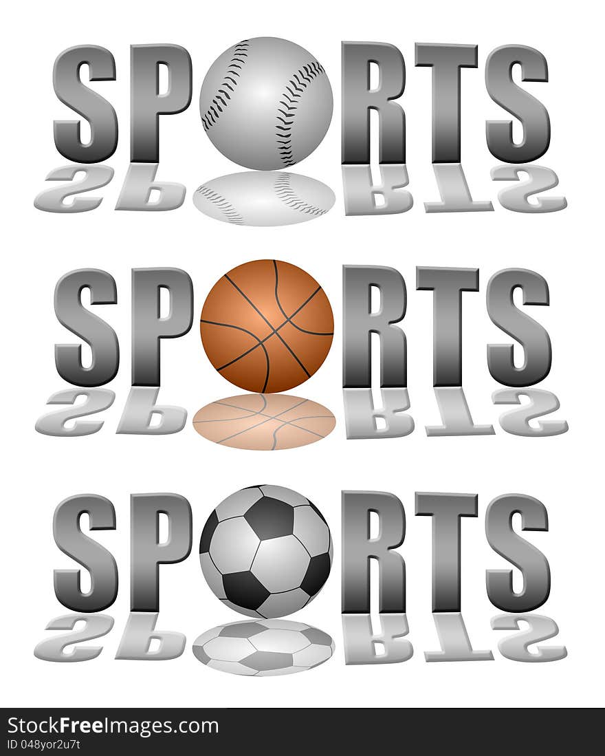 Set of sports word, each of its' letter o is replaced by a baseball, basketball, and soccer ball. Set of sports word, each of its' letter o is replaced by a baseball, basketball, and soccer ball