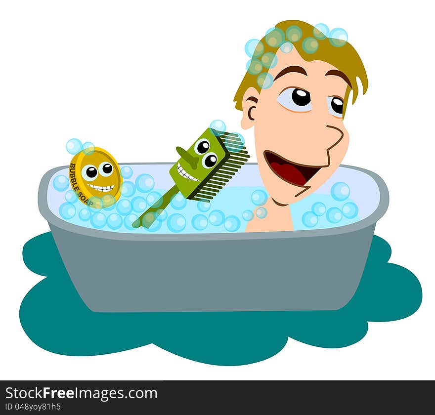 A soap and scrubber with happy faces giving a bath to a boy. A soap and scrubber with happy faces giving a bath to a boy