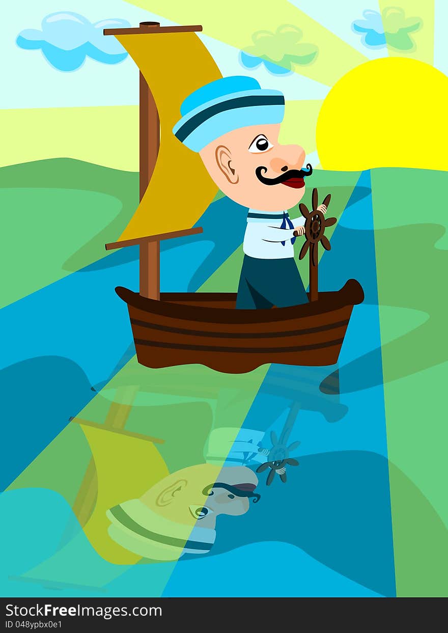 Cartoon illustration of a sailor on his sailboat sailing alone in the ocean