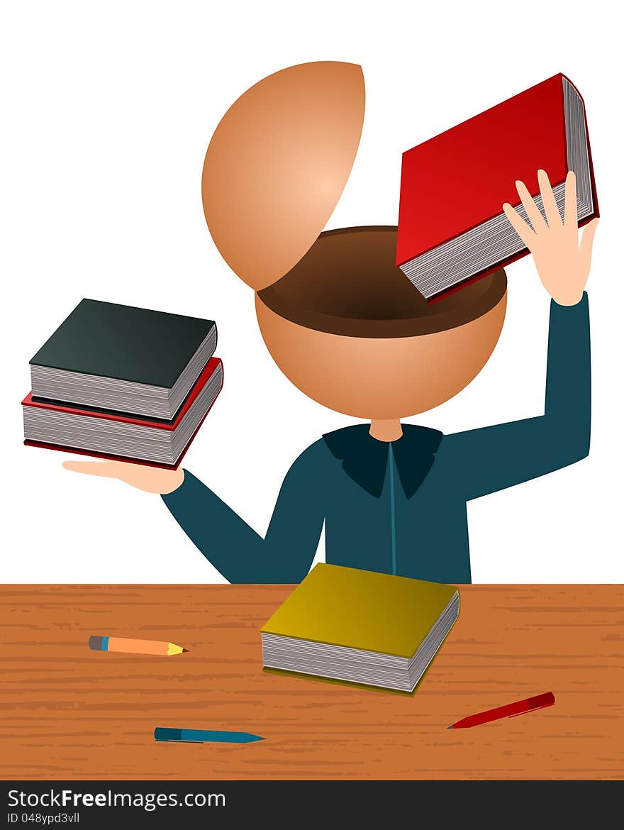 Abstract character putting a book inside his open head. Abstract character putting a book inside his open head