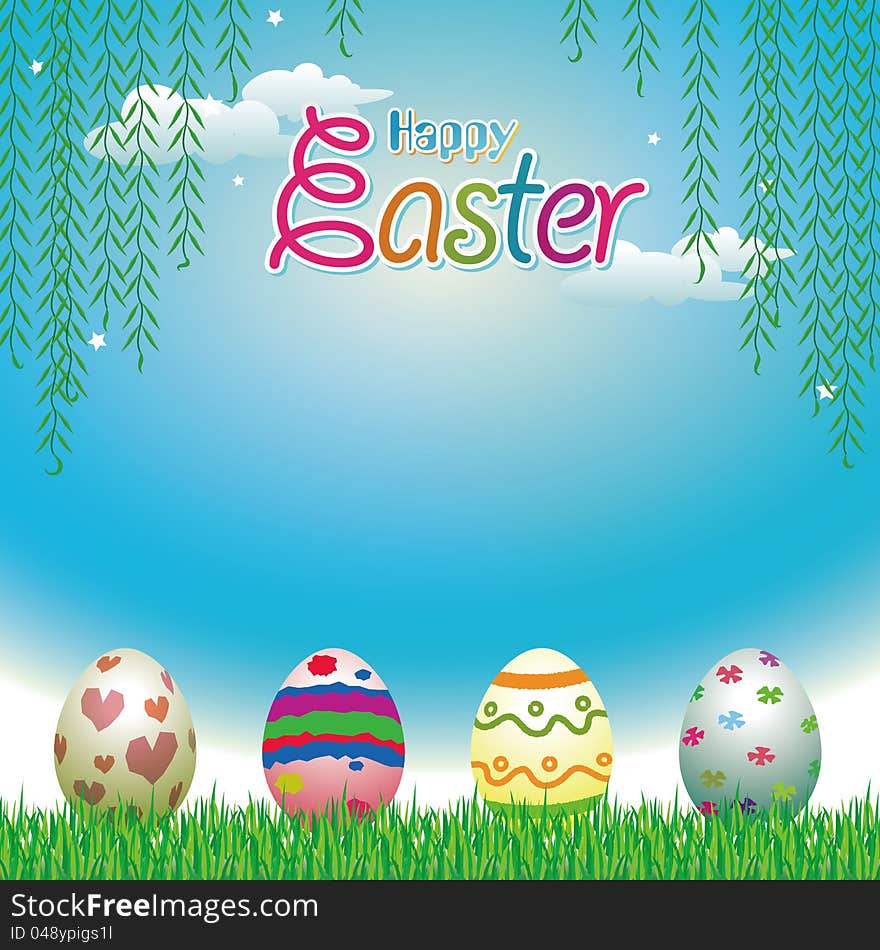 Easter eggs greeting cards with Leaves  sky background