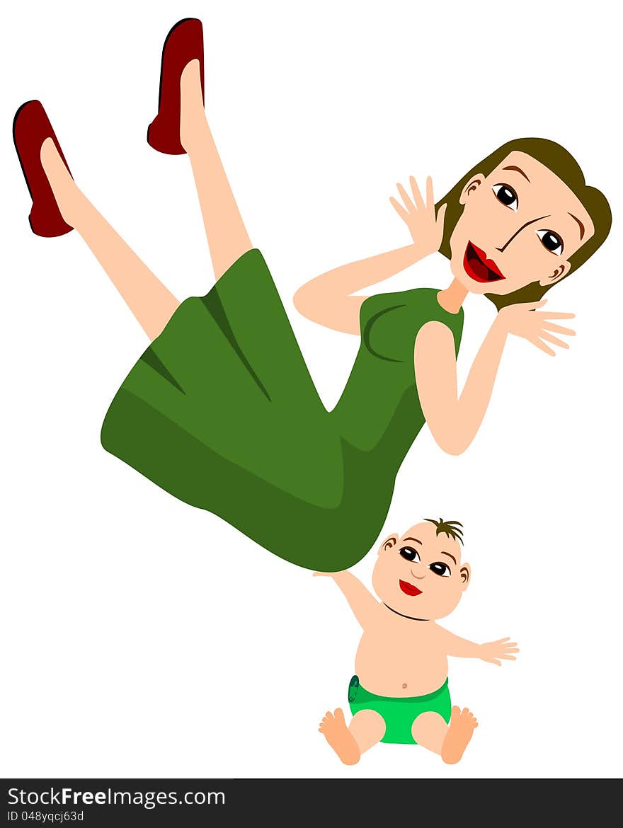 Cute cartoon baby lifting his mommy using only one hand. Cute cartoon baby lifting his mommy using only one hand